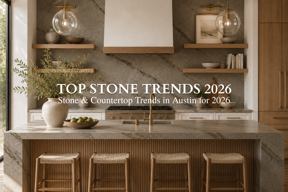 Top Stone Trends in Austin 2026. Featuring a Kitchen with natural stone as a waterfall island and backsplash
